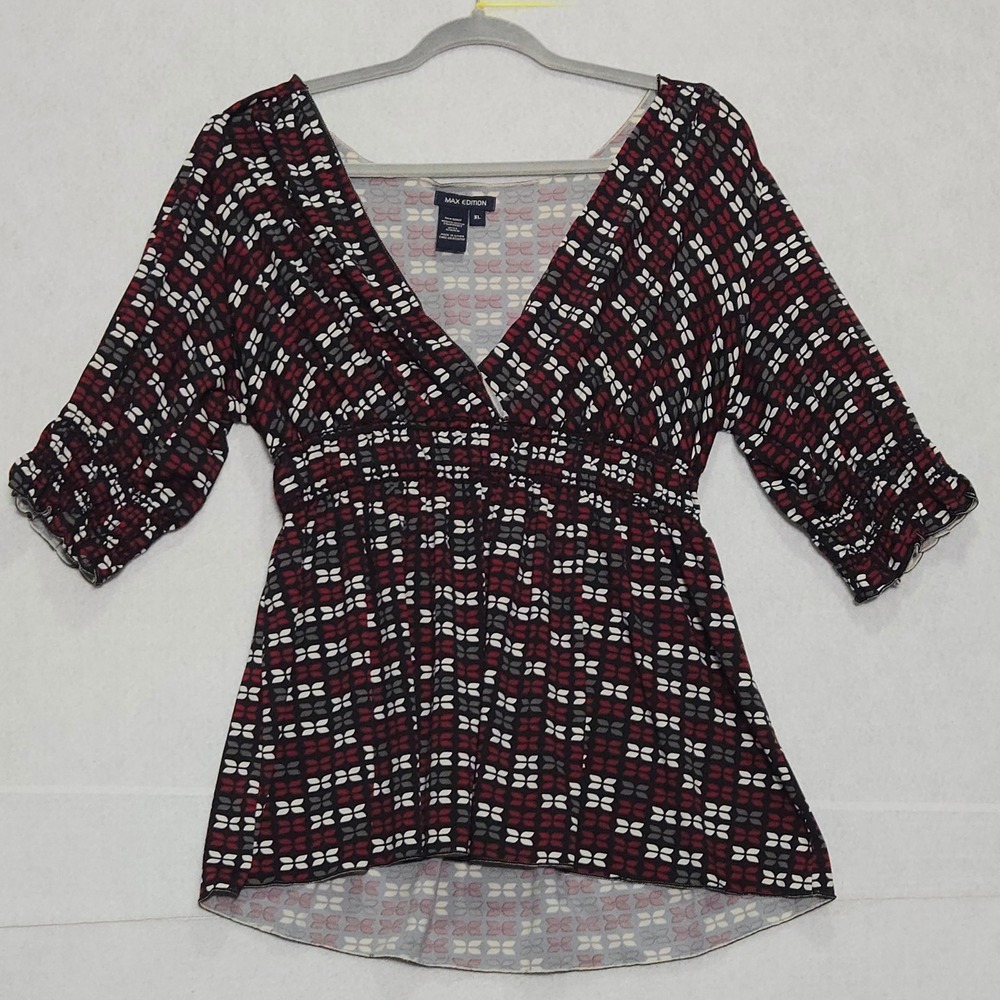 Max Edition XL‎ Geometric Print V Neck Smocked Waist 3/4 Sleeve Top Burgundy